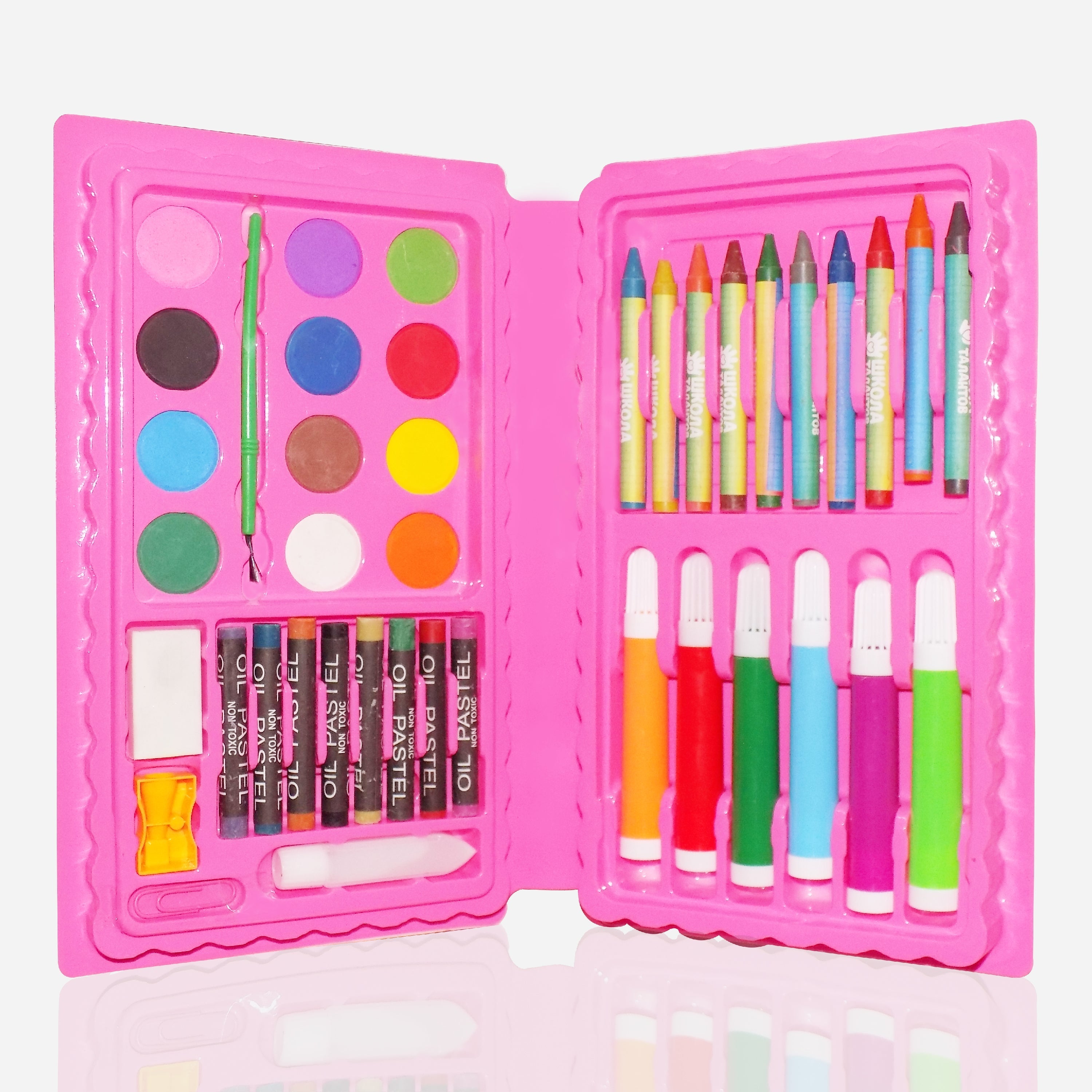 42-piece art kit including crayons, watercolor, and sketch pens. 42-piece art kit including crayons, watercolor, and sketch pens.